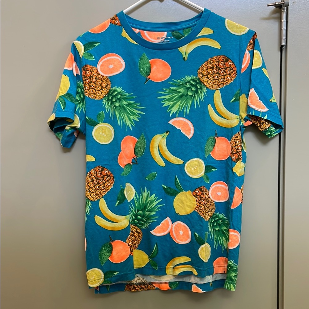 Vibrant Blue and Orange Tropical Fruit Tee